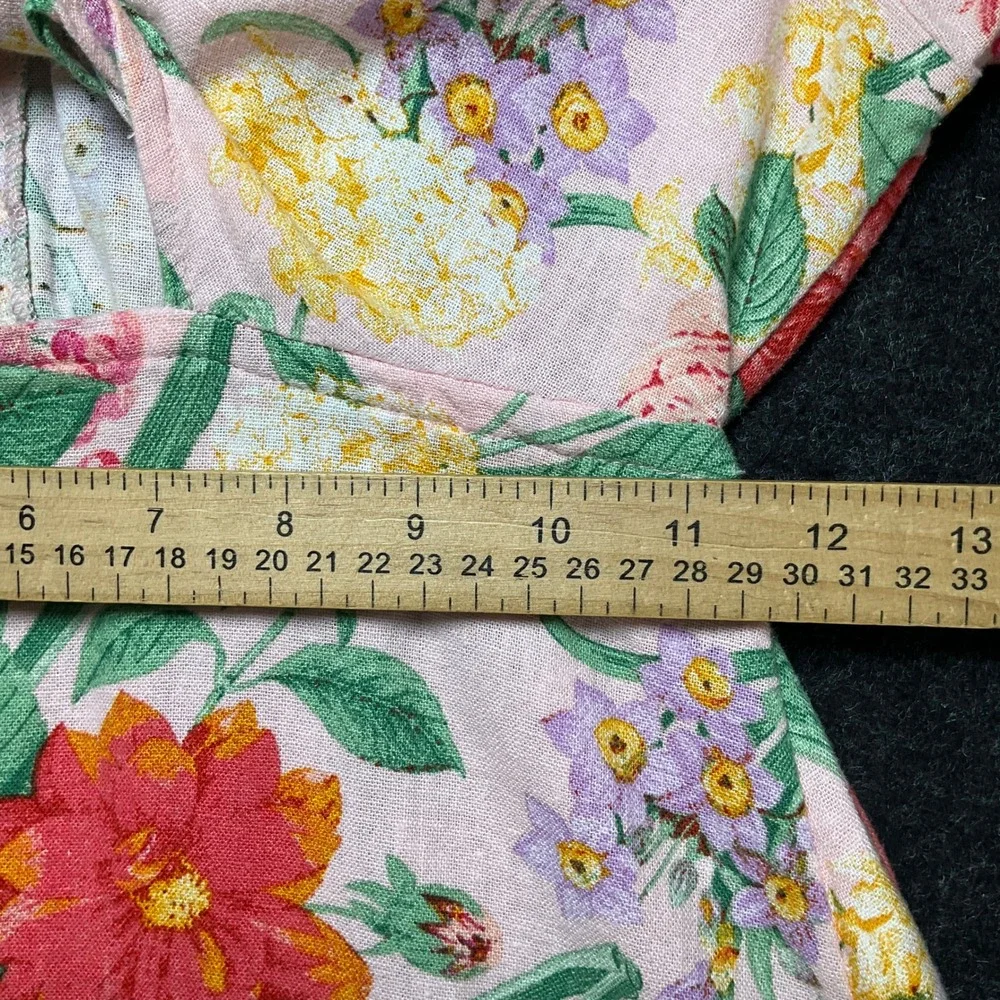 Old Navy Dress Womens XS Pink Linen Floral Tie Front Cutout Midi Boho Romantic
